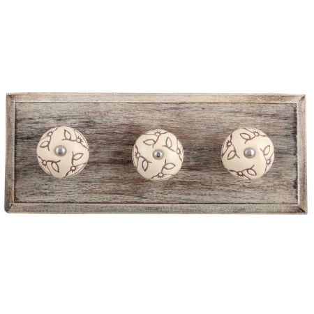 Cream Calla Lily Brown Etched Ceramic Wooden Hooks